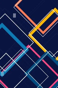Overlapping geometric bars and chevrons in deep blue with orange, yellow, a.. Stock Illustration
