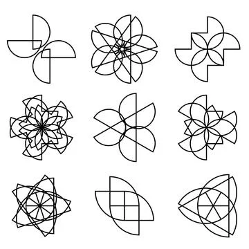 Overlapping geometric circle shapes, symmetrical line art icons, floral abs.. Stock-Illustration