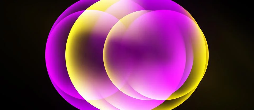 Overlapping glow circles, deep black wallpaper, panoramic vector background Stock Illustration