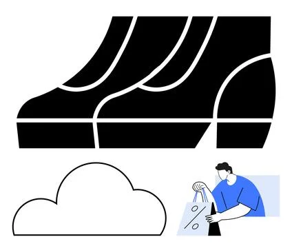 Overlapping large black shoes, a simple cloud icon, and a man with shopping b Stock Illustration