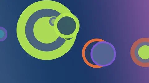 Overlapping lime, violet, orange, and teal circles create a bold futuristic.. Stock Illustration