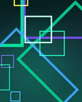 Overlapping luminous outlines of squares, rectangles, and triangles create .. Stock Illustration
