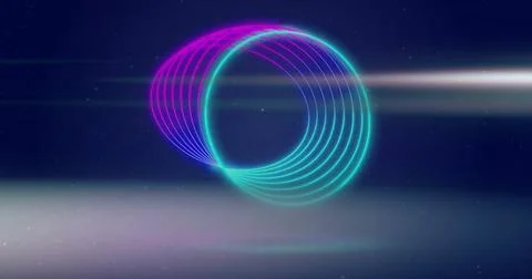Overlapping neon loops glowing toroidal ring in star field with trails, points Stock Illustration