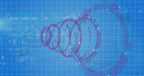 Overlapping purple concentric HUD elements floating on light-blue grid screen, Stock Photos