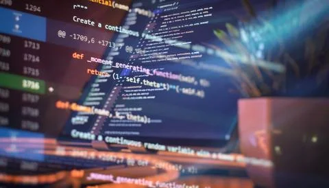 Overlapping Python code on creative workspace setup Stock Photos