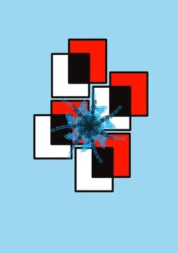 ' Overlapping Red Black and White Squares with Blue Splatter Accent Stock Illustration