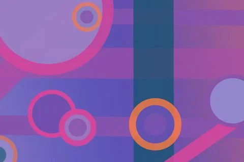 Overlapping rings and colorful rectangular bands create a lively purple-blu.. Stock Illustration