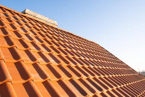 Overlapping rows of yellow ceramic roofing tiles covering residential buildin Foto stock