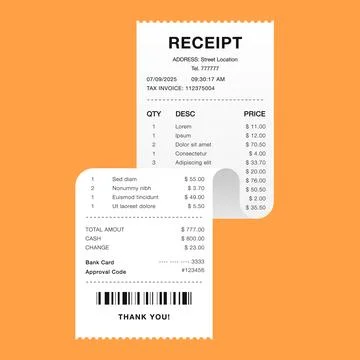 Overlapping Shopping Receipts with Barcode on Orange Background Stock Illustration
