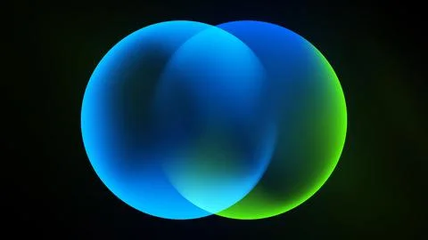 Overlapping vibrant spheres create luminous effect. Blue, green hues blend, Stock Illustration