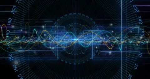 Overlapping waveforms animating on flat HUD interface, showing concentric grid Stock Footage 309106433