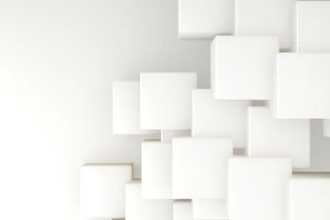 Overlapping white cubes are floating in 3D render style on light beige backdrop Stock Illustration