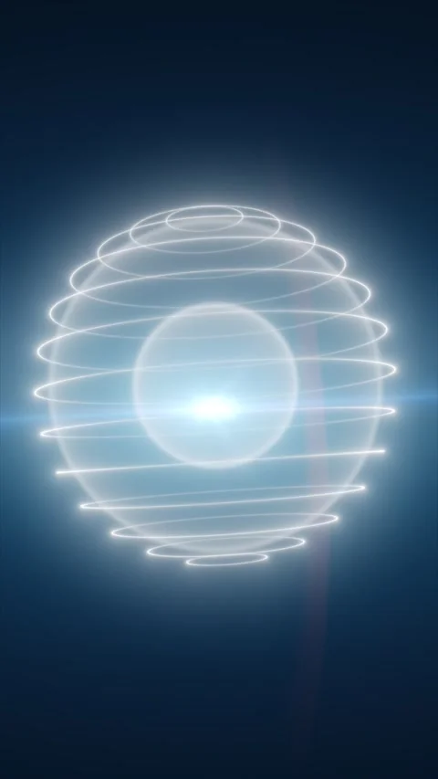 Overlapping white light rings form a luminous sphere around a bright blue c.. Stock Footage 346685477