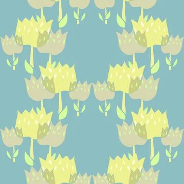 Overlapping Yellow Spring Flowers Vector Repeat Pattern On Dusky Blue Backgro Stock Illustration