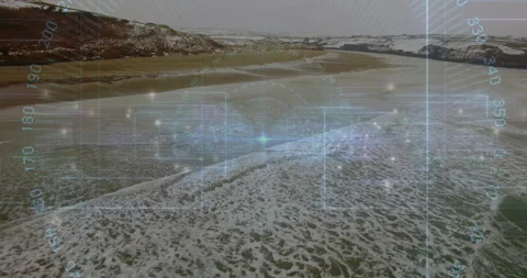 Overlay activating and sweeping over curved shoreline while grid mapping foaming Stock Footage 310151497