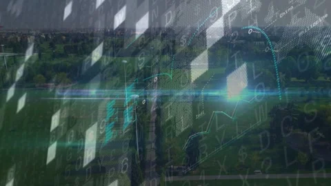 Overlay activating, data matrix cascading diagonally and charts rising to show Stock Footage 333463625