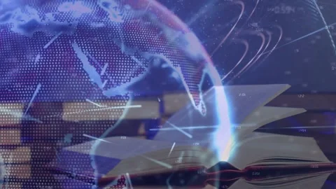 Overlay activating, dotted globe rotating right while streaks and data mapping Stock Footage 334743578