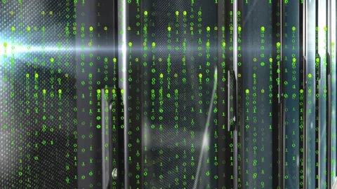 On overlay activating green binary digits cascading, sparking white node lines 스톡 동영상 331235489