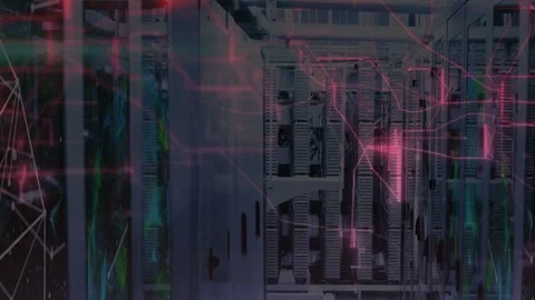 Overlay activating server racks staying static while pink lines tracing nodes Stock Footage 333904778