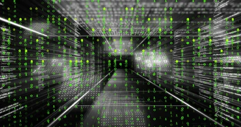 On overlay activation binary rain pouring in data tunnel with camera speeding Stock Footage 311901341