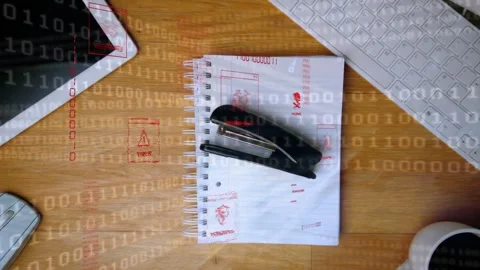 Overlay alert appearing, black stapler entering, sweeping desk, settling on Stock Footage 334881835