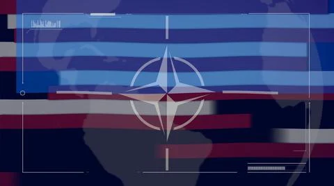 Overlay of the American flag with war intelligence and NATO symbols Stock Photos