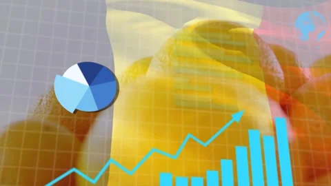Overlay ANALYSING DATA appearing, lemons showing cyan numbers sliding, lines Stock Footage 334788899