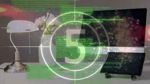 Overlay appearing and counting down 10 to 1 to reset loop over static desk, code Stock Footage 334881820