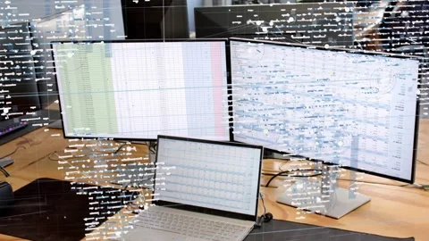 Overlay appearing, artifact drifting across monitors as camera panning right to Stock Footage 337912972