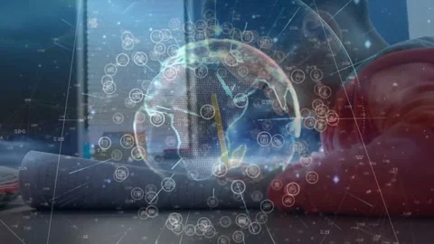 Overlay appearing, boy resting at table, holographic globe rotating and pulsing Stock Footage 332285877