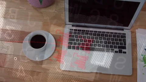 Overlay appearing, causing camera sliding down and centering, revealing laptop Stock Footage 334744266