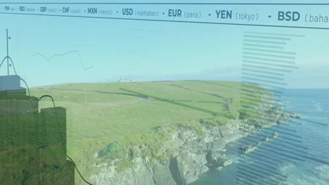 Overlay appearing causing ticker, charts rising line graph flowing over cliff Stockbeeldmateriaal 311678626