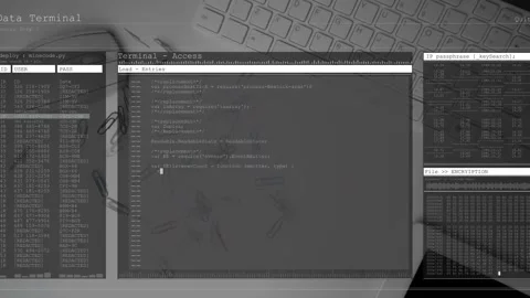 Overlay appearing, central terminal populating code while cursor moving, panels Stock Footage 330191979