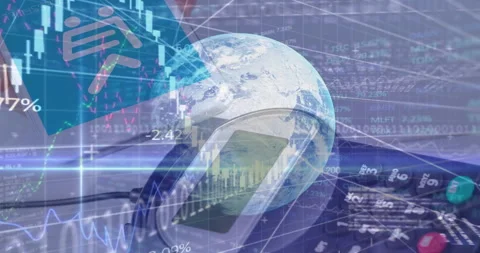 Overlay appearing, charts fluctuating beside rotating globe and POS terminal Stock Footage 313618513