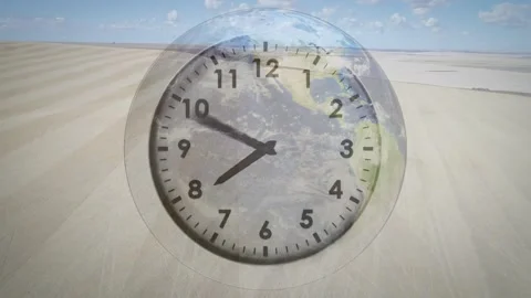 On overlay appearing, clock hands swinging, converging at six, pivoting up, Stock Footage 328307326