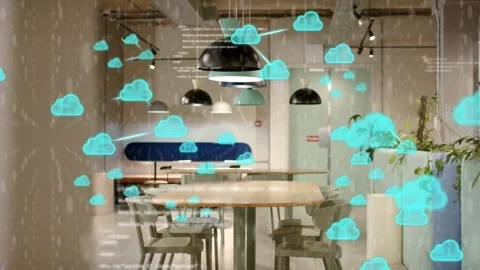 Overlay appearing cyan clouds forming and floating across wooden meeting table Stockbeeldmateriaal 334760325