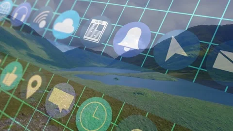 Overlay appearing, floating app icons drifting left as central icons enlarging, Stock Footage 332746843