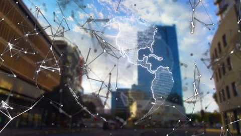 Overlay appearing, globe and node network rotating, sending points, showing Vidéo 334768377
