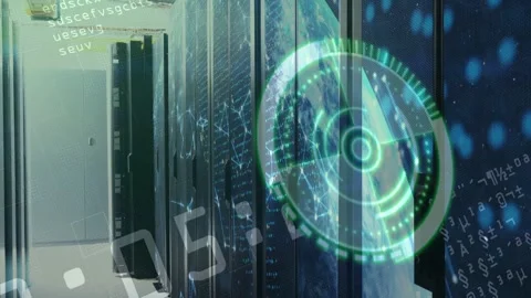 Overlay appearing, HUD rotating, nodes pulsing, code scrolling across racks to Stock Footage 332566549
