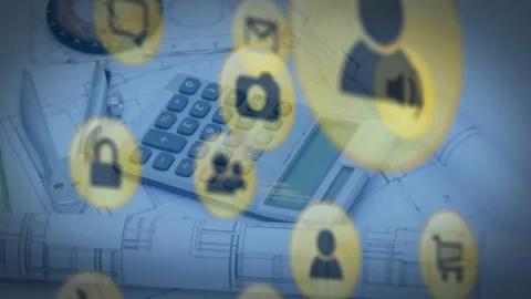 Overlay appearing icons floating, camera panning revealing calculator, Stock Footage 331048279