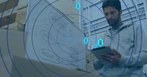Overlay appearing leading man scanning tablet, viewing whiteboard by boxes in Stock Footage 330331397