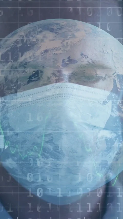 Overlay appearing, man holding steady pose at home, wearing mask, globe and Stock Footage 334391530