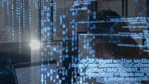 Overlay appearing, man rolled-sleeves holding phone checking code at office Stock Footage 332867283