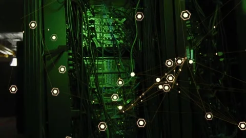 Overlay appearing over rack-mounted server, nodes converging and forming web Stock Footage 333830302