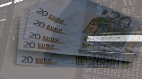 Overlay appearing from right, code columns spreading, 20 EURO stack tilting, Stock Footage 328656645