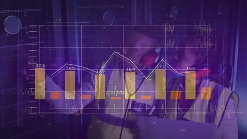 Overlay appearing two technicians pointing at rack using laptop and comparing Stock Footage 332577541