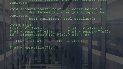 Overlay code appearing on server racks scrolling through C++ network execution, Stock Footage 313493099