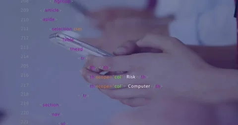 Overlay code appearing, shifting focus, front hands tapping and tilting phone Stock Footage 328584452