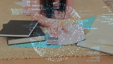 Overlay code snippets initiating woman writing numbers and using calculator for Stock Footage 312280127