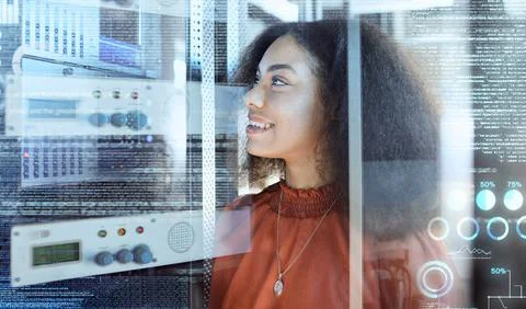 Overlay, data center and black woman doing maintenance in a server room for Stock Photos
